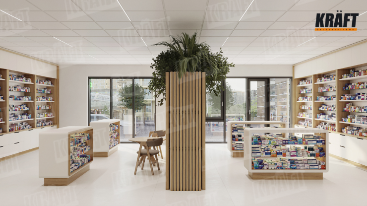 KRAFT metal plakalar: hafifliğin kelimenin tam anlamıyla havada hissedildiği eczane mekânı